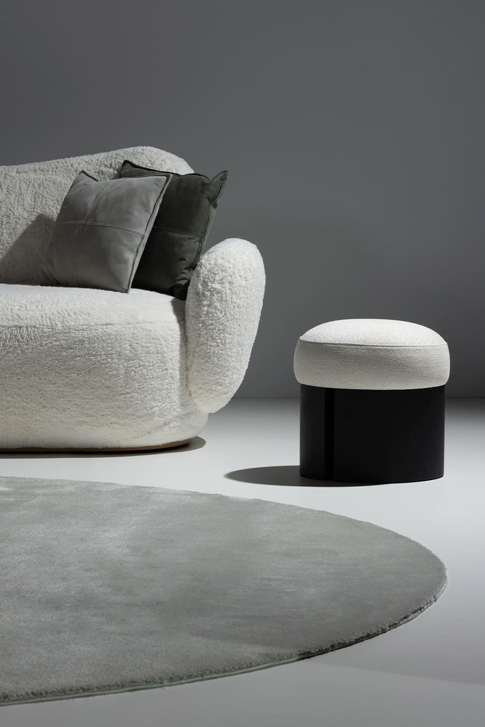 Mid-Century Modern Calheta Pouf Ottoman, Cream Jacquard, Handmade by Greenapple For Sale 1