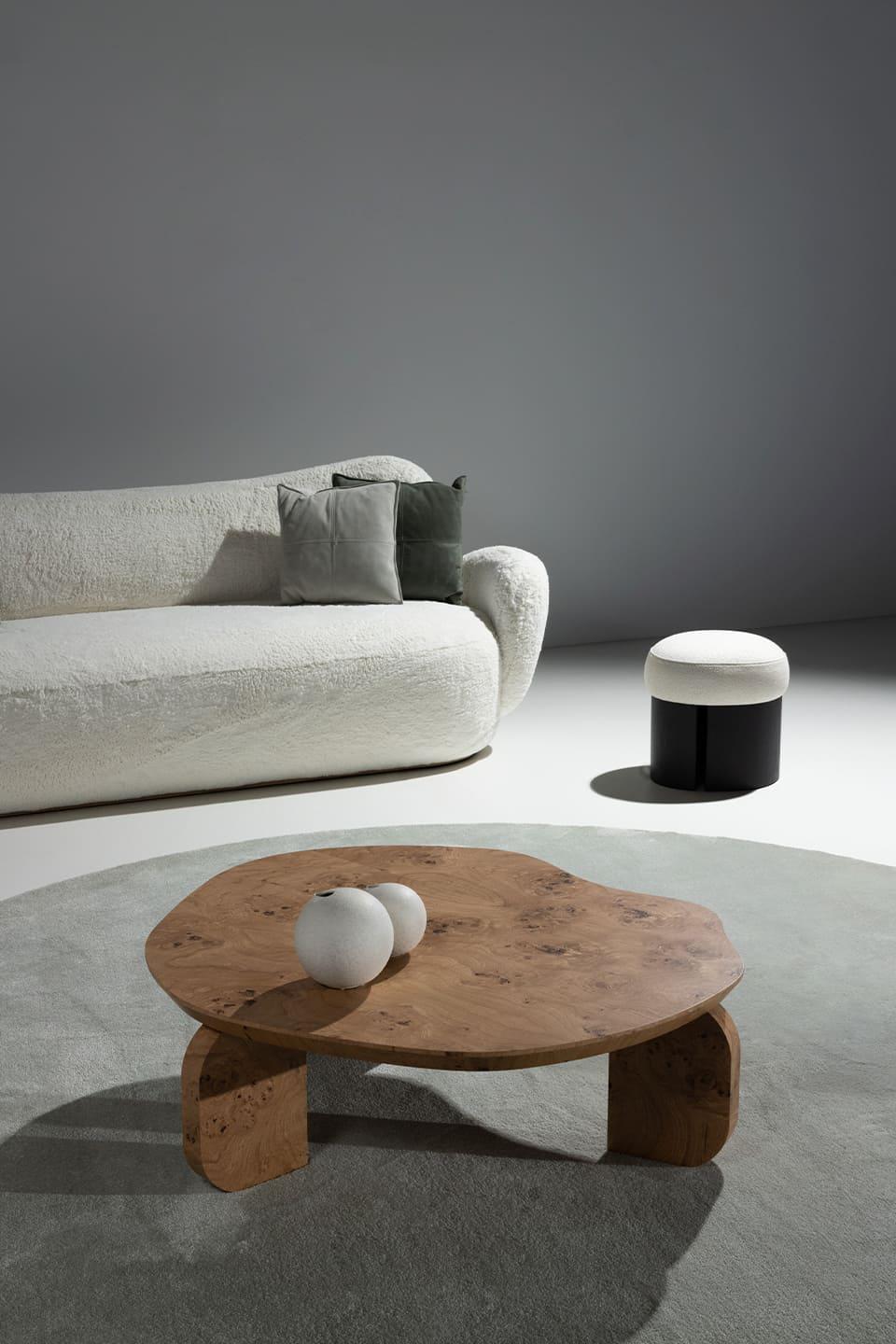Mid-Century Modern Calheta Pouf Ottoman, Cream Jacquard, Handmade by Greenapple For Sale 2