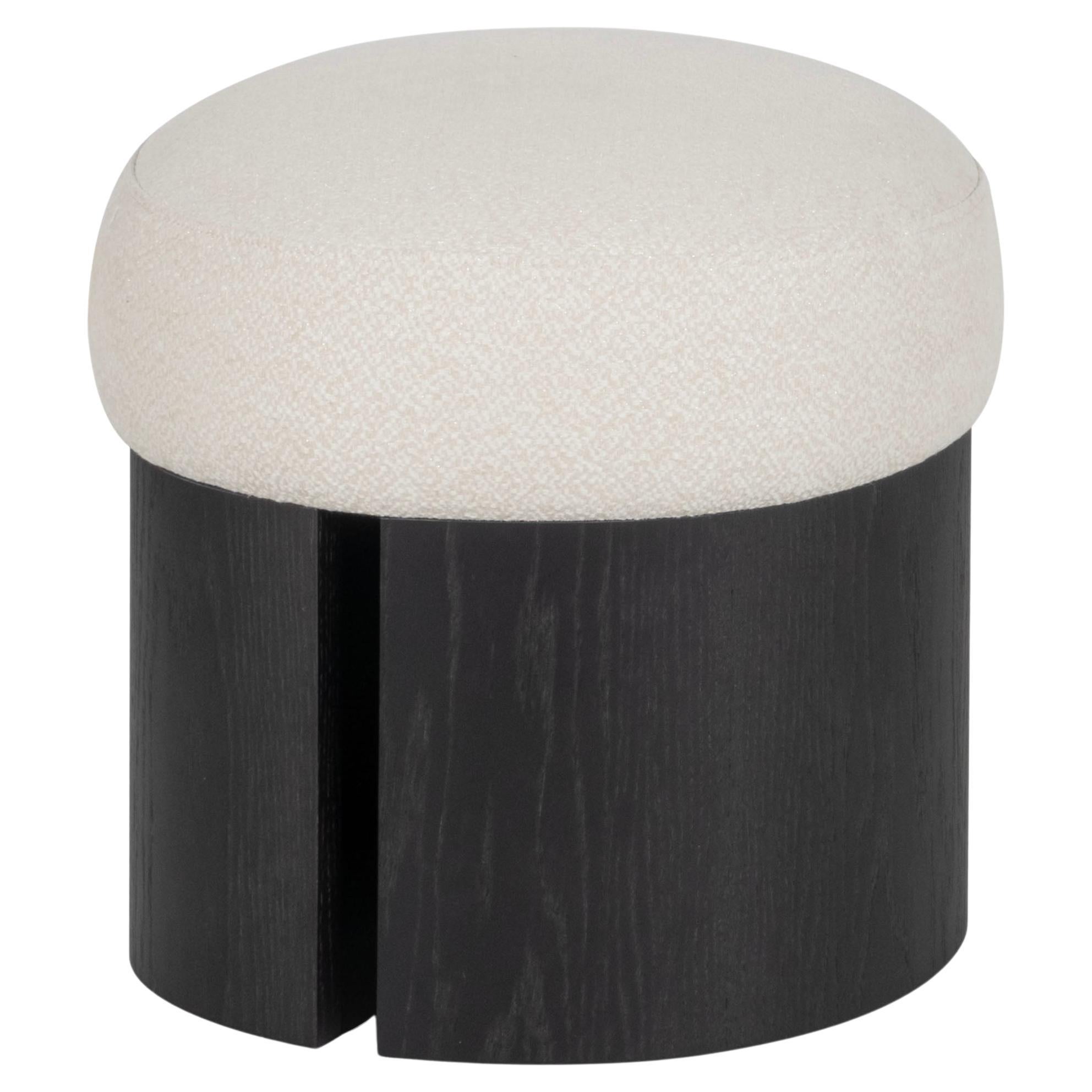 Mid-Century Modern Pouf Ottoman, Cream Jacquard, Oak, Handmade by Greenapple