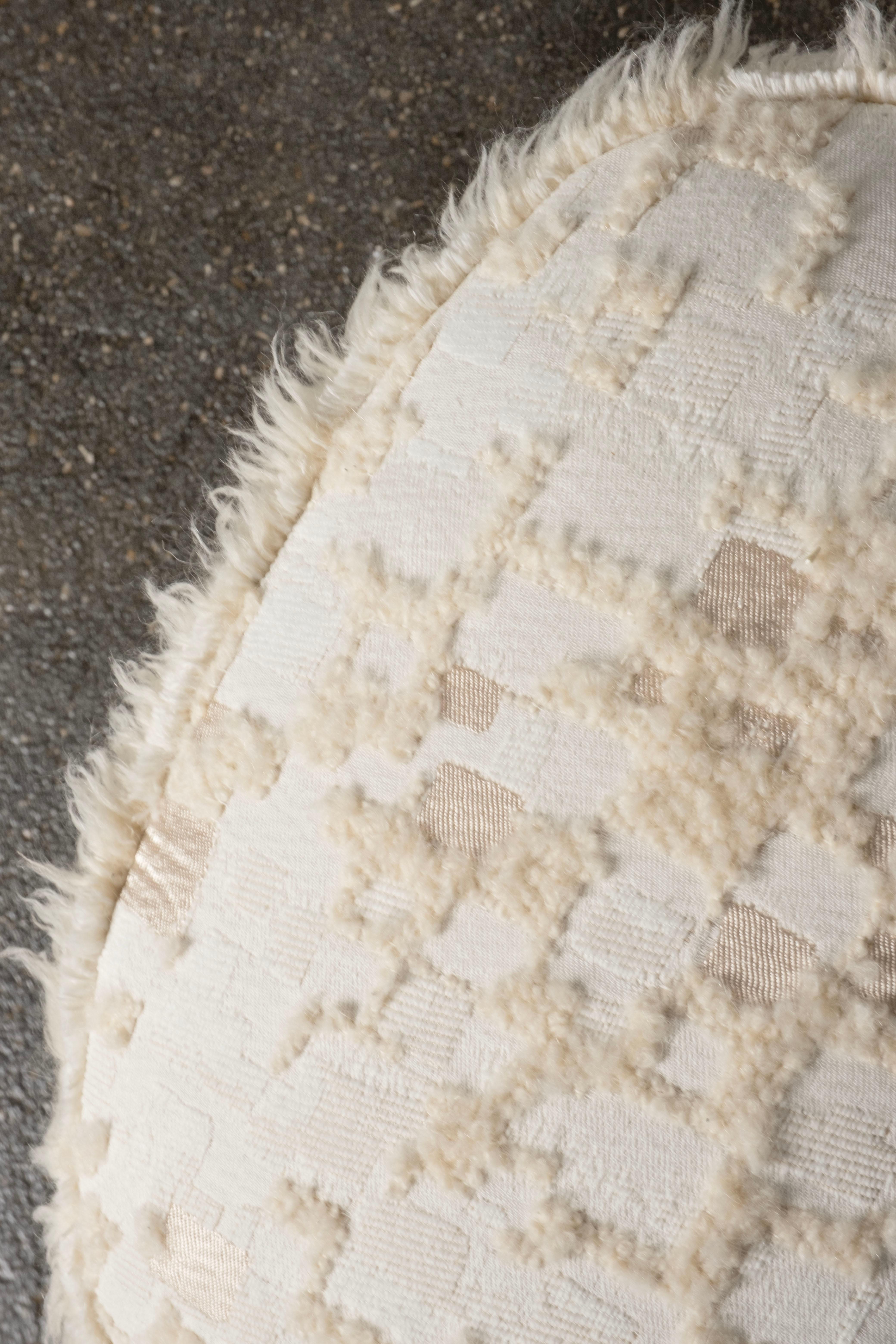 Hand-Crafted Mid-Century Modern Pouf Ottoman, Holly Hunt Cream Fabric, Handmade by Greenapple For Sale