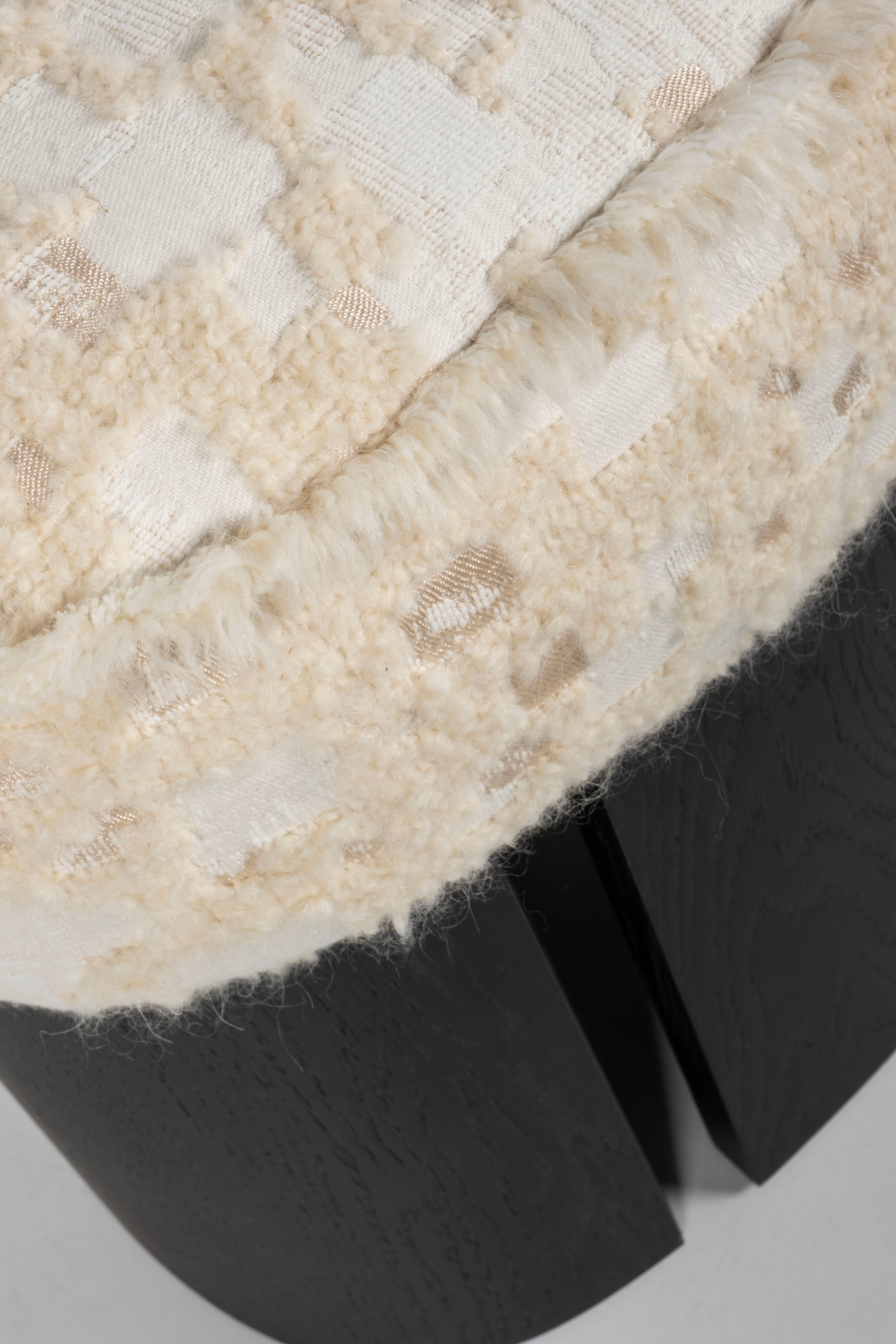 Contemporary Mid-Century Modern Pouf Ottoman, Holly Hunt Cream Fabric, Handmade by Greenapple For Sale
