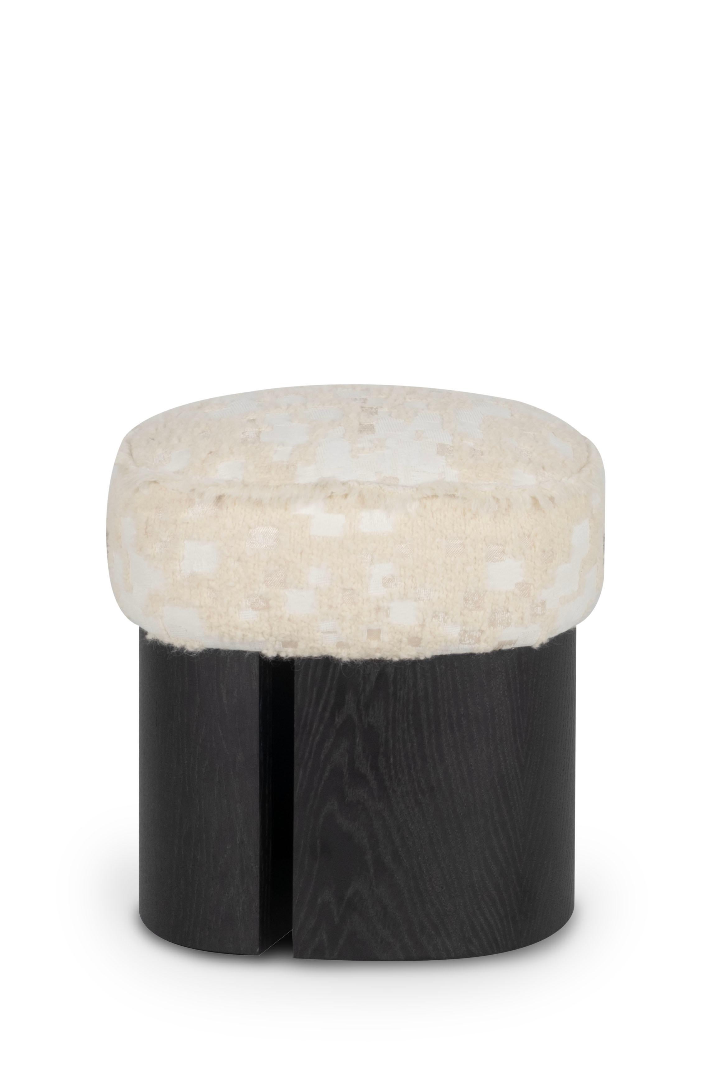 Leather Mid-Century Modern Pouf Ottoman, Holly Hunt Cream Fabric, Handmade by Greenapple For Sale