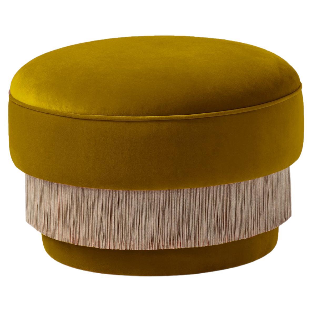 Dooq Mid-Century Modern Pouf Ottoman with Dijon Velvet, Silk Fringes La Folie For Sale