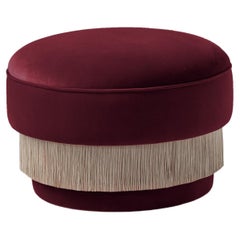 DOOQ Mid-Century Modern Pouf Ottoman with Wine Velvet, Silk Fringes La Folie