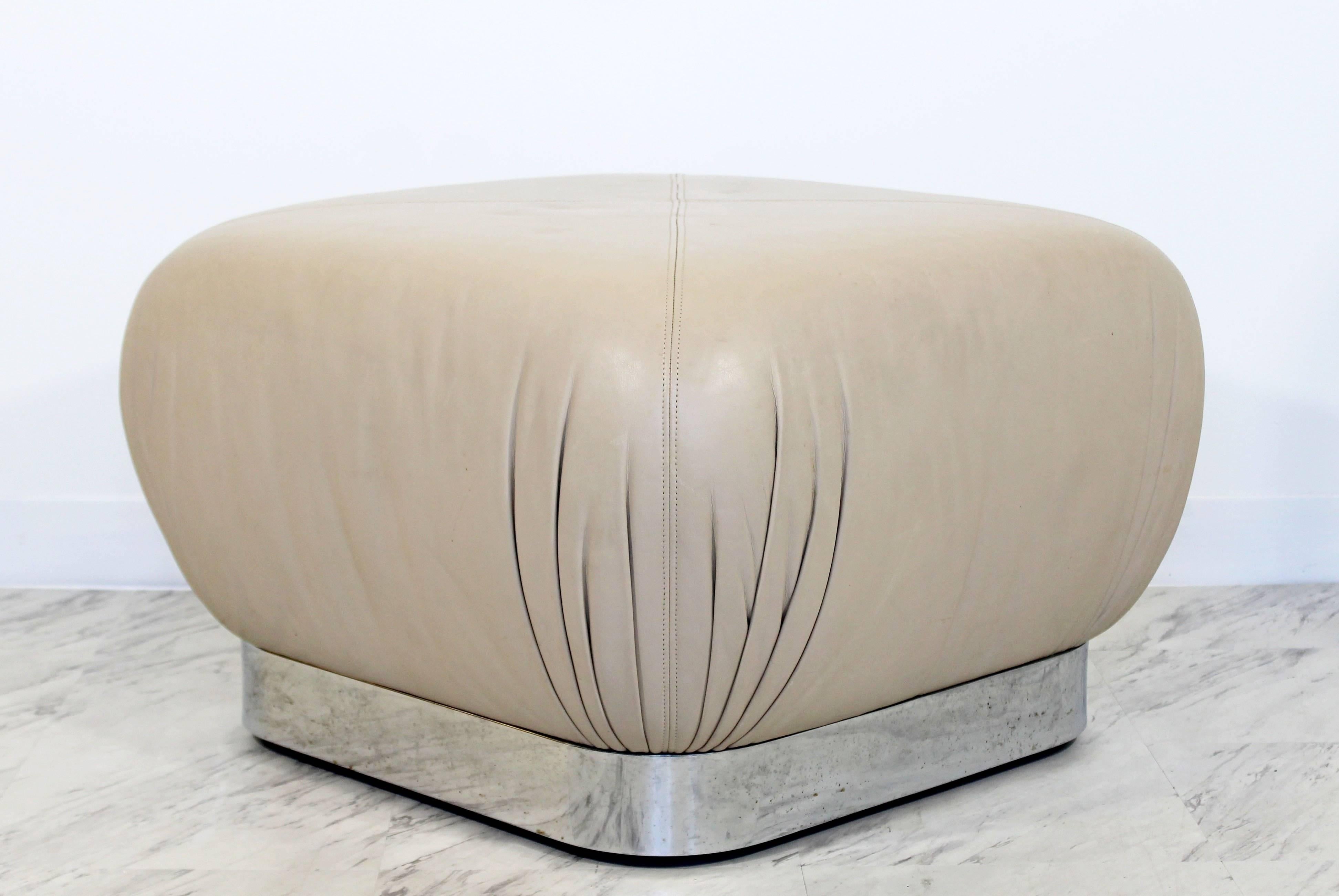 American Mid-Century Modern Preview Chrome Beige Leather Ottoman Pouf Casters Springer