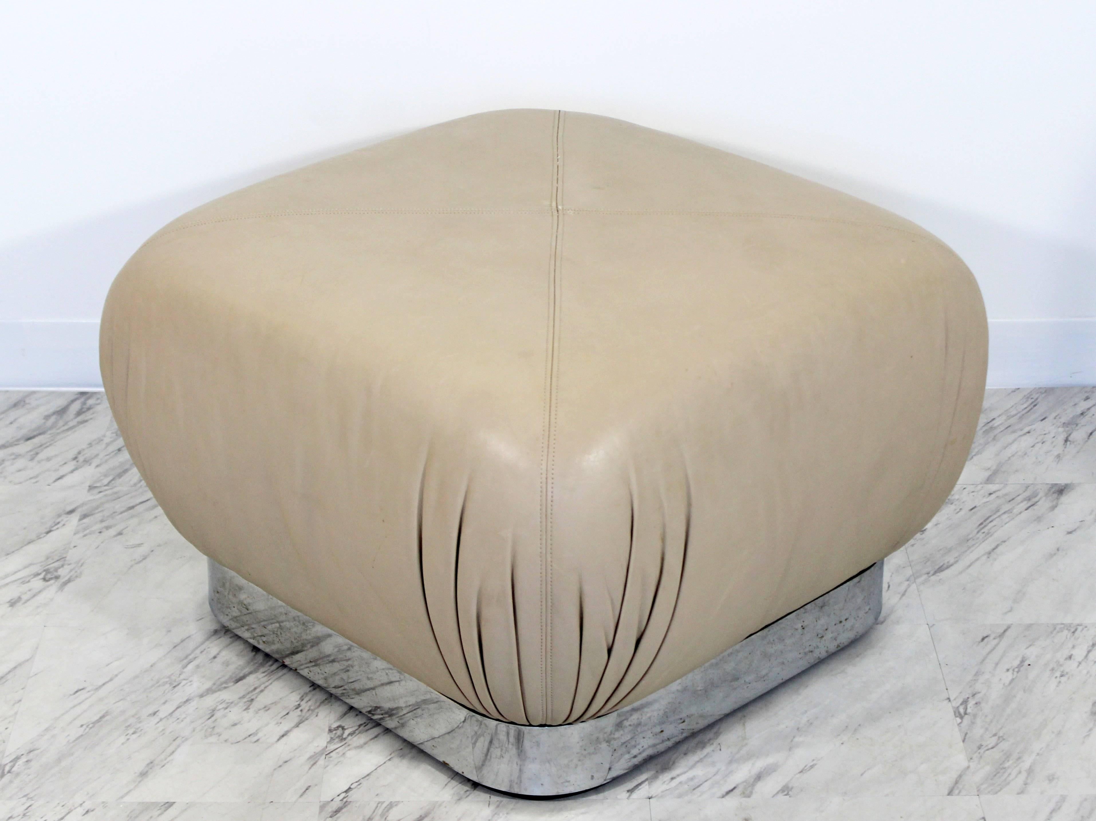 Mid-Century Modern Preview Chrome Beige Leather Ottoman Pouf Casters Springer In Good Condition In Keego Harbor, MI