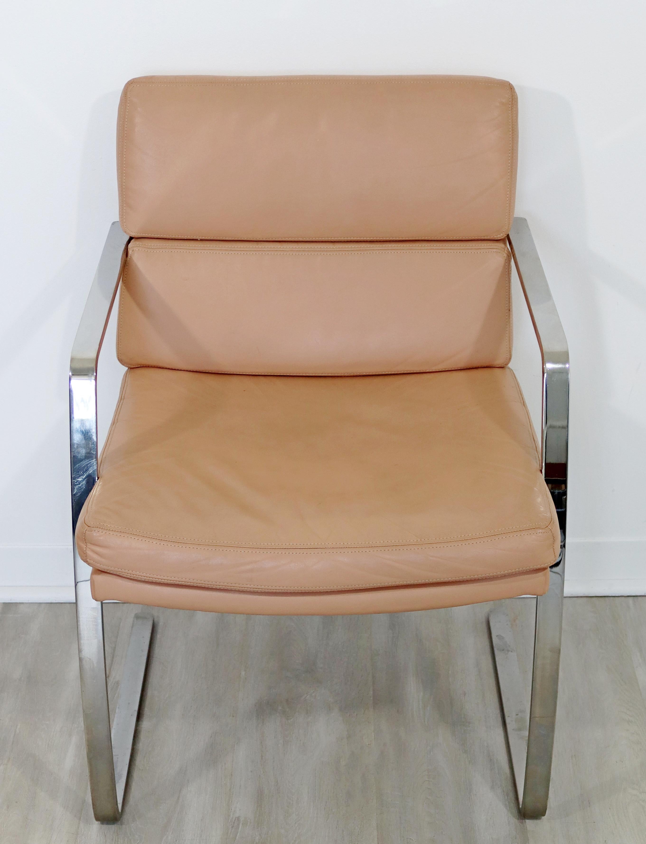 For your consideration is a phenomenal set of eight chairs, made of cantilever chrome and with peach leather upholstery, by Preview for Pace, circa the 1970s. In very good vintage condition. The dimensions are 22.5