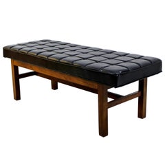 Mid-Century Modern Probber Style Tufted Black Leather & Wood Bench Seat, 1960s