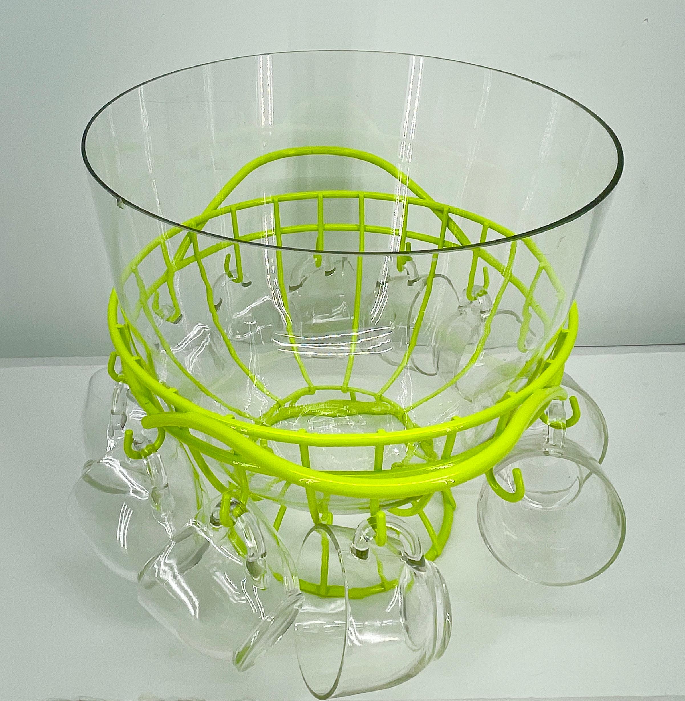 Mid-Century Modern Punch Bowl Set, Powder Coated Caddy Chartreuse In Good Condition In Haddonfield, NJ