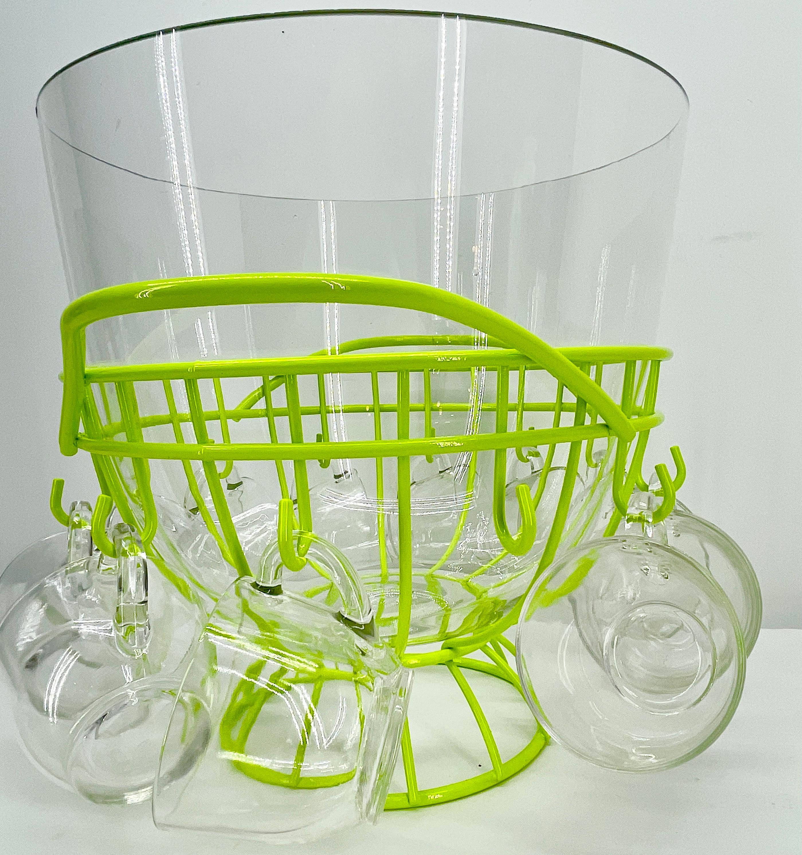 Metal Mid-Century Modern Punch Bowl Set, Powder Coated Caddy Chartreuse