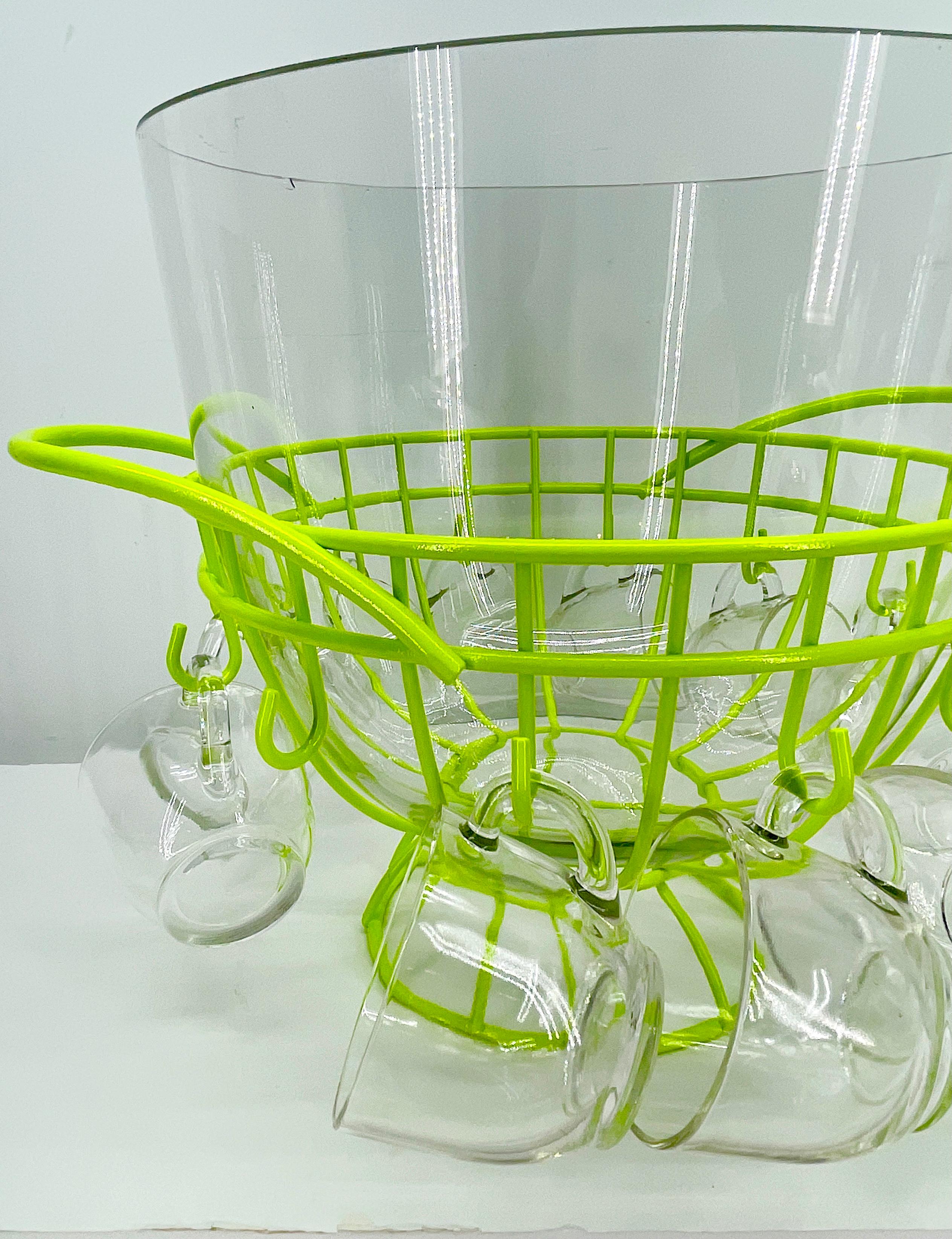 Mid-Century Modern Punch Bowl Set, Powder Coated Caddy Chartreuse 1
