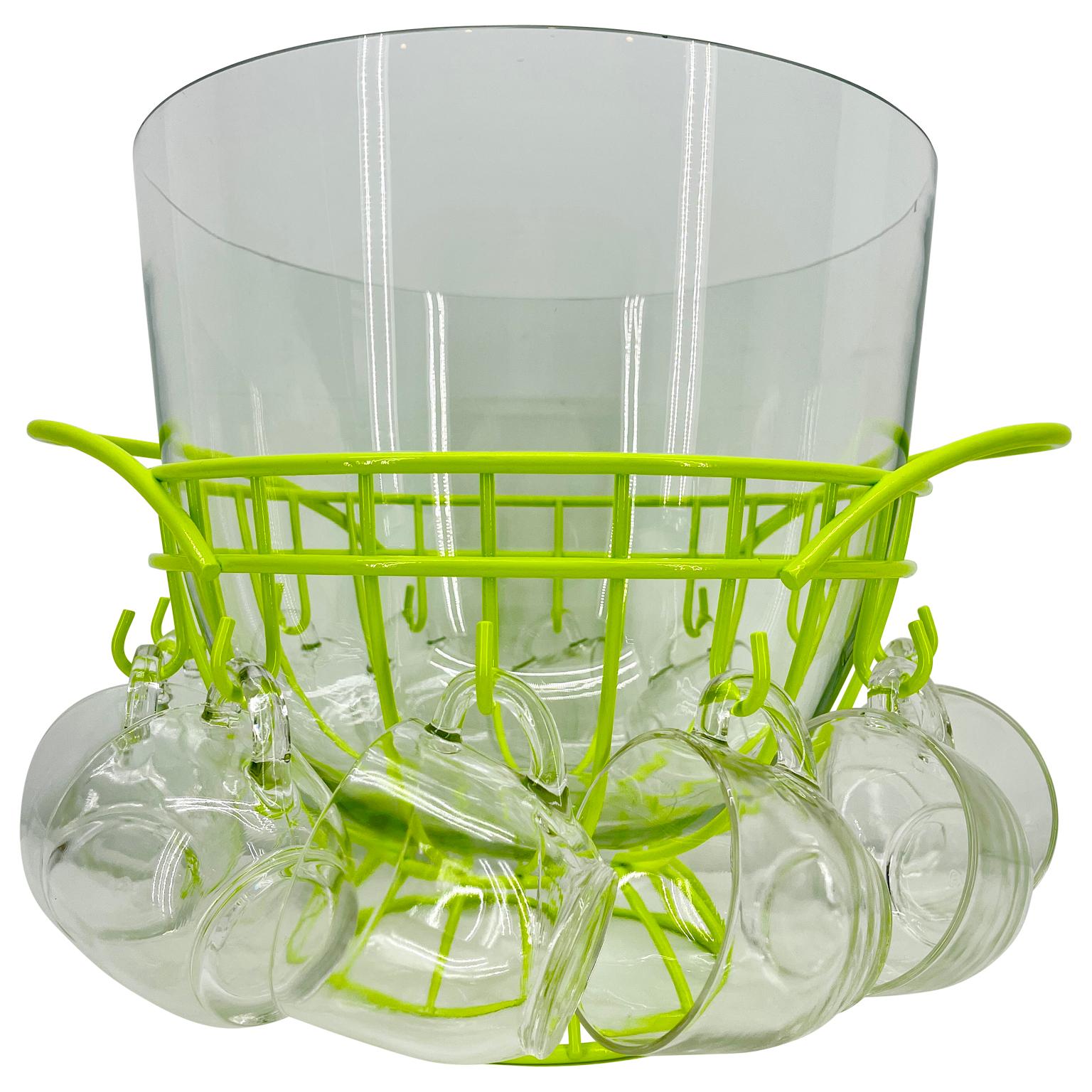 Bold chartreuse powder coated Mid-Century Modern punch bowl set. With large punch bowl and 11 cups, this set is a statement maker at your next party. The punch bowl is perfect for Sangria or any punch you can mix up and is fun and fantastic. The