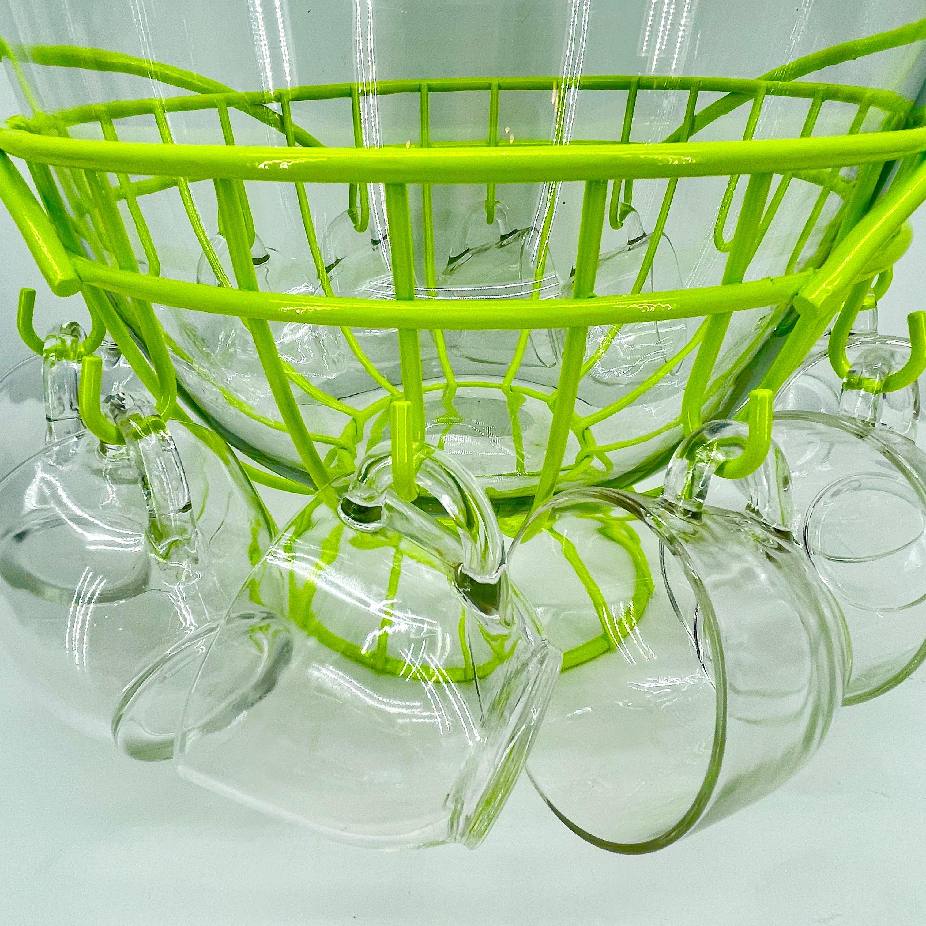 Powder-Coated Mid-Century Modern Punch Bowl Set, Powder Coated Caddy Chartreuse
