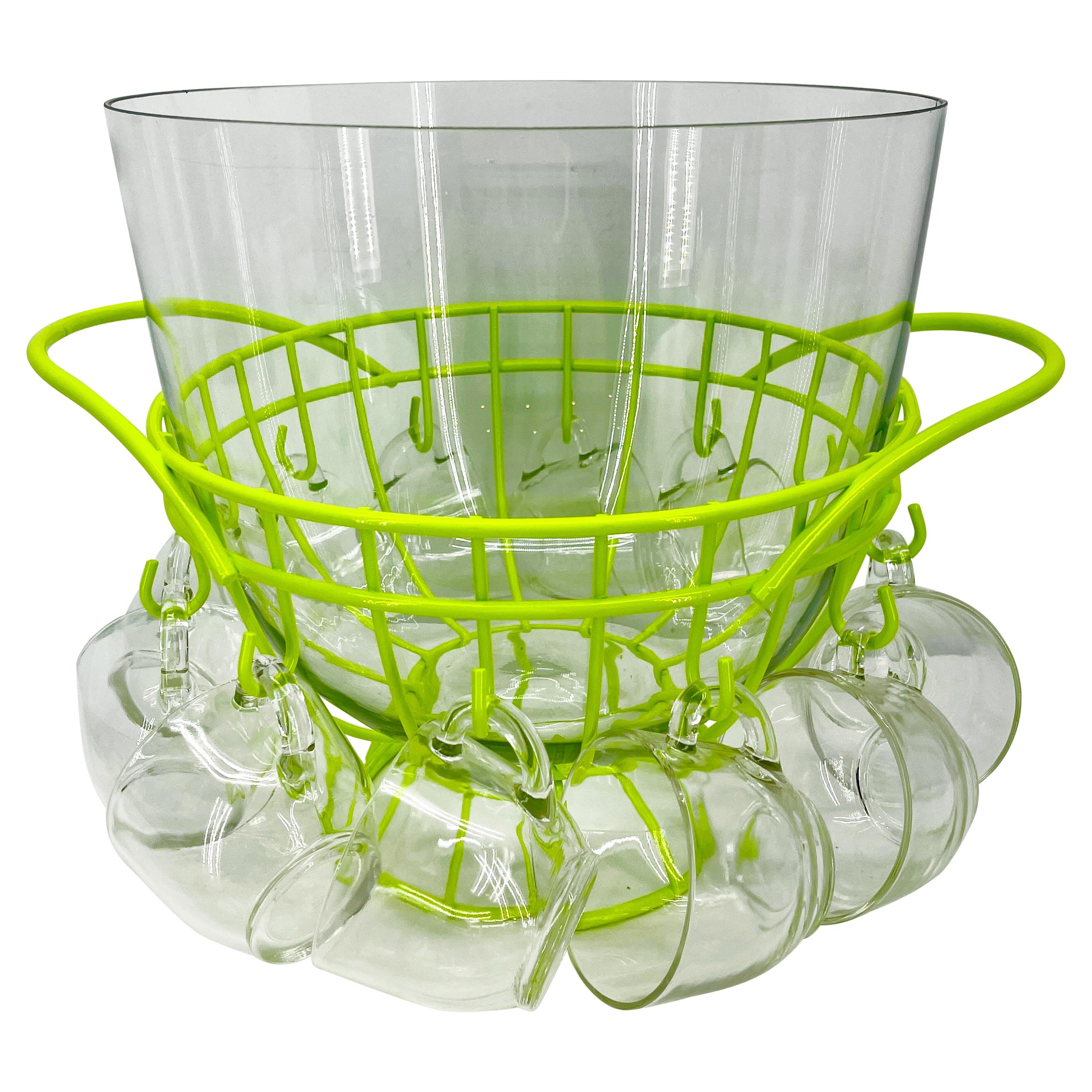 Mid-Century Modern Punch Bowl Set, Powder Coated Caddy Chartreuse