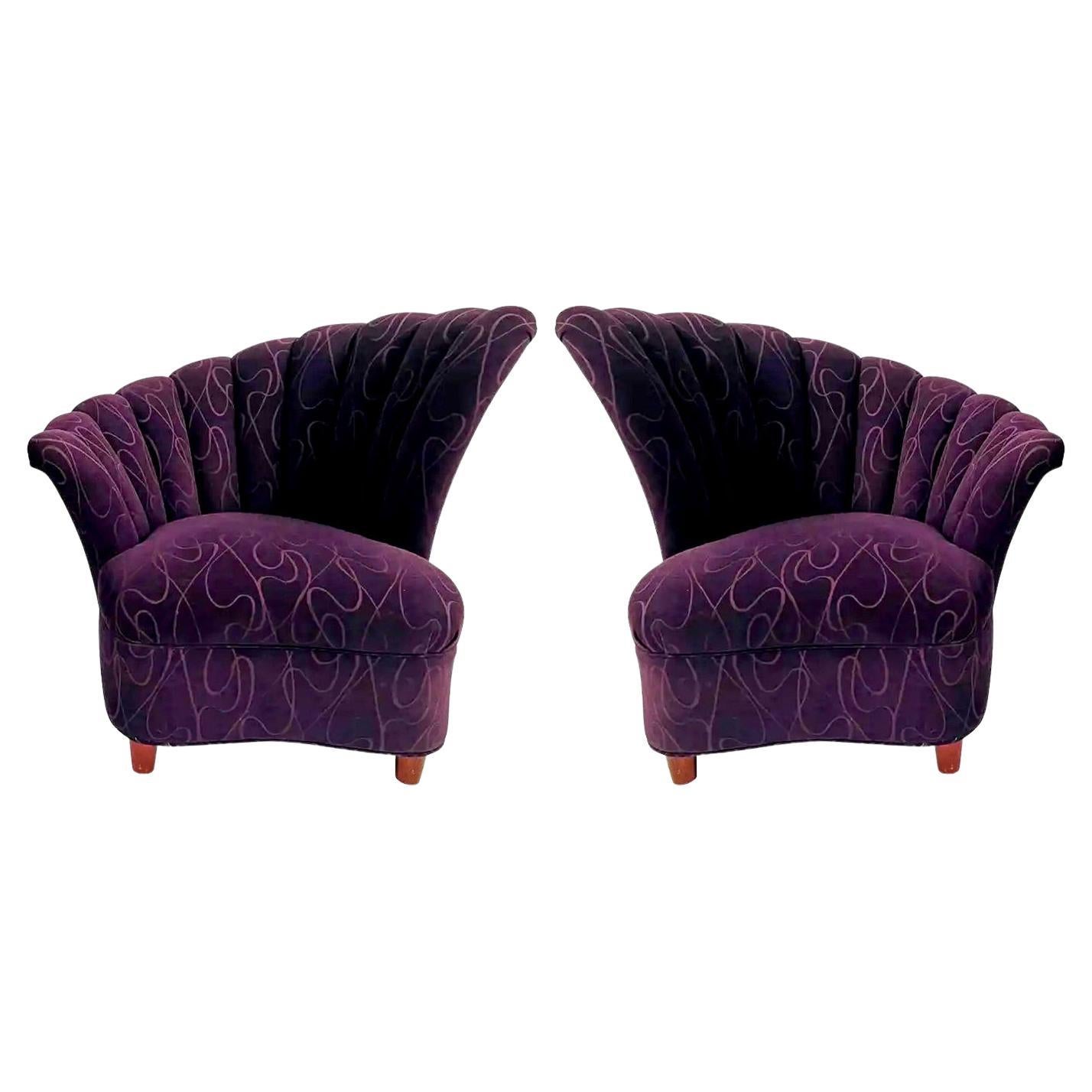 Mid-Century Modern Purple Fan Back Lounge Chair, a Pair