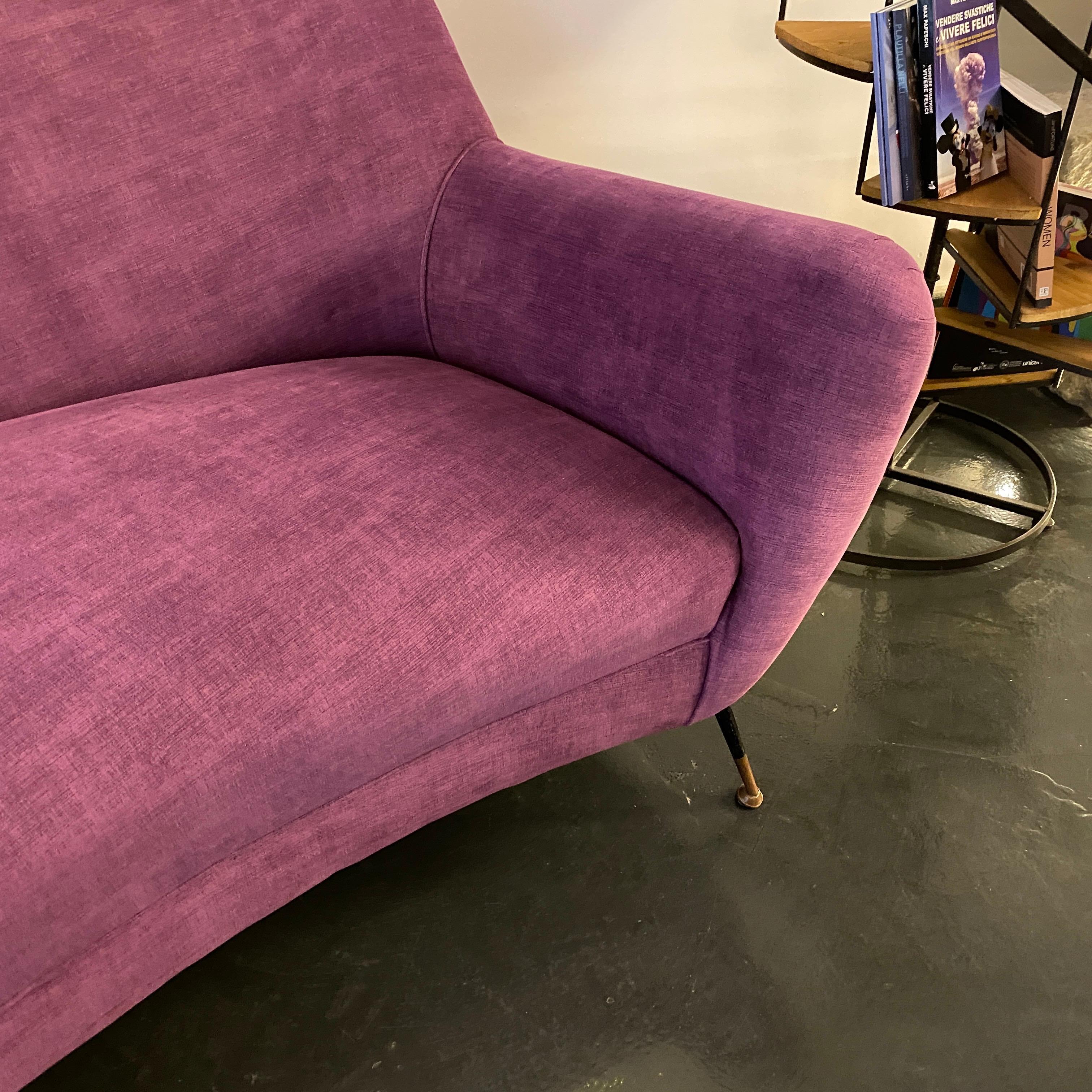 1960s MidCentury Modern Purple Velvet and Brass Italian Curved Sofa