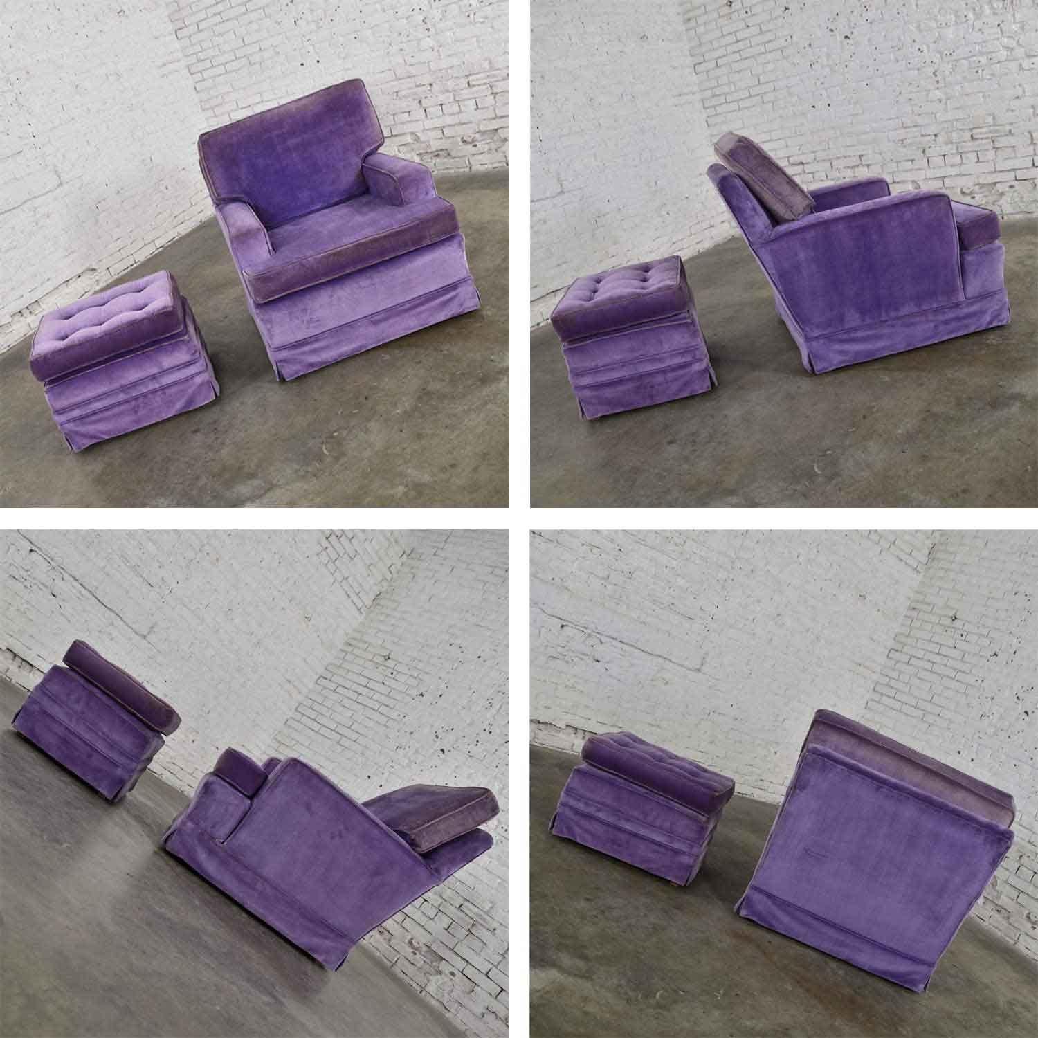 Mid-Century Modern Purple Velvet Lawson Style Vintage Club Chair and Ottoman 4