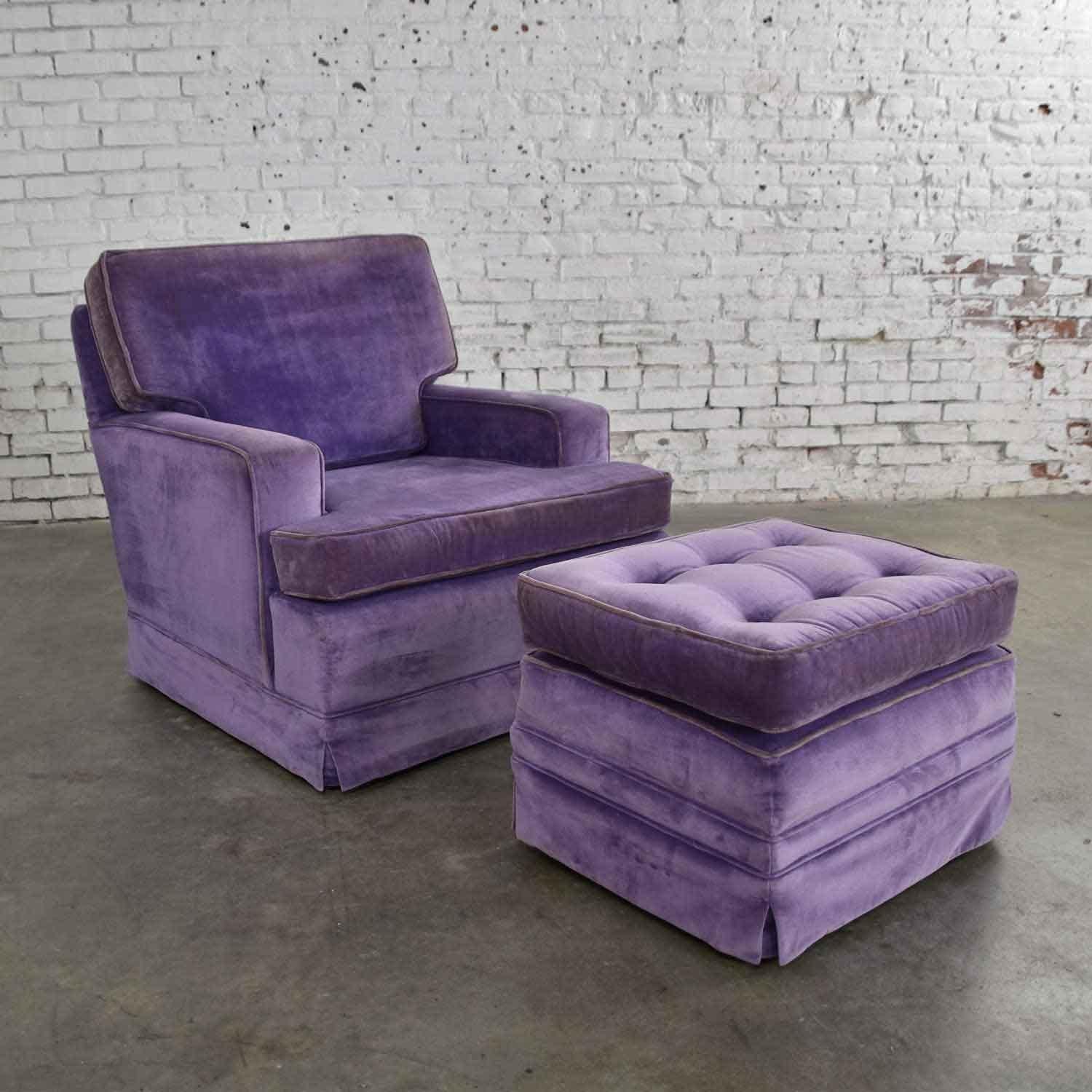 Unknown Mid-Century Modern Purple Velvet Lawson Style Vintage Club Chair and Ottoman