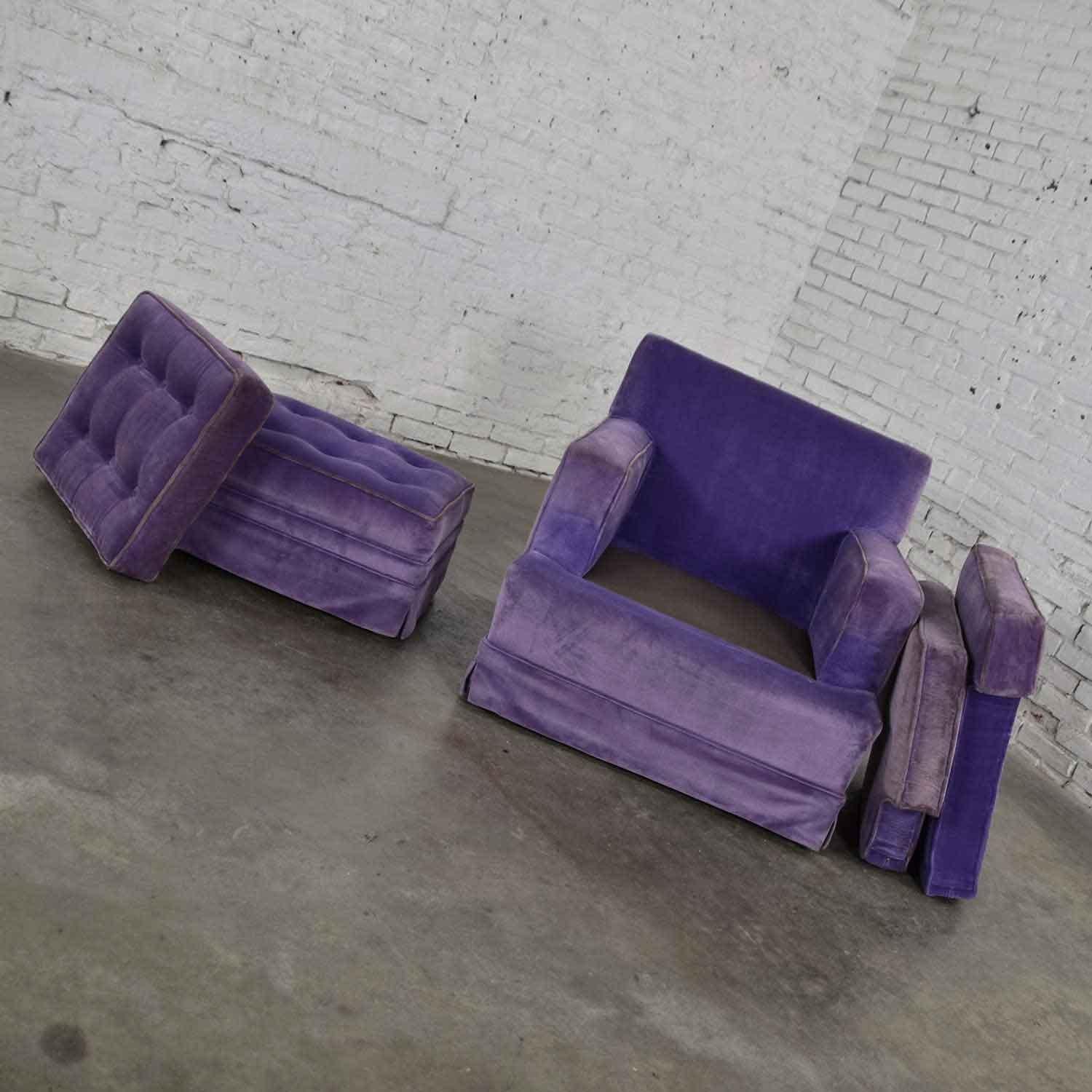 20th Century Mid-Century Modern Purple Velvet Lawson Style Vintage Club Chair and Ottoman