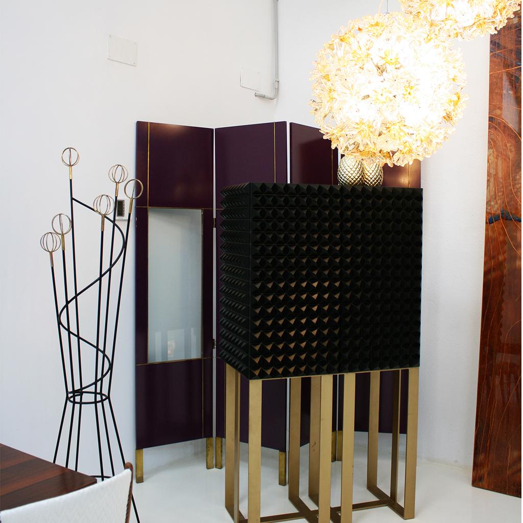 Mid-Century Modern Purple Wood Gold Brass Italian Screen Divider For Sale 7