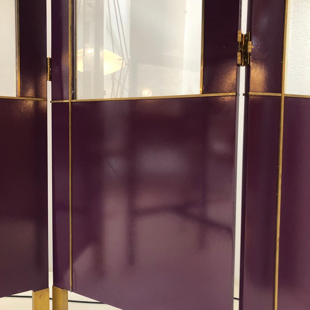 Mid-Century Modern Purple Wood Gold Brass Italian Screen Divider For Sale 3