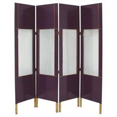 Mid-Century Modern Purple Wood Gold Brass Italian Screen Divider