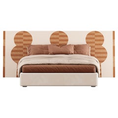 Mid-century Modern Queen Bed Geomtric Pattern Headboard Marquetry White & Beige