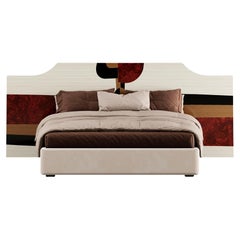 Mid-Century Modern Queen Bed Headboard Geometric Pattern in Wood Marquetry