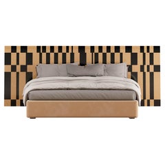 Mid-century Modern Queen Bed Stripe Black & Wood Geometric Pattern Headboard