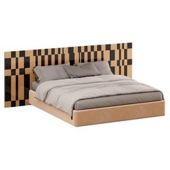 Mid-century Modern Queen Bed Stripe Black & Wood Geometric Pattern Headboard
