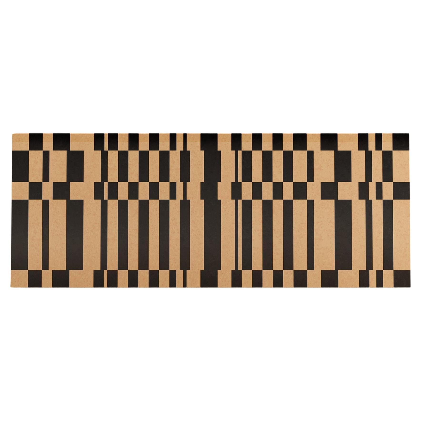 Mid-century Modern Queen Kopfteil Bett Streifen Schwarz & Holz Geometrisches Muster im Angebot