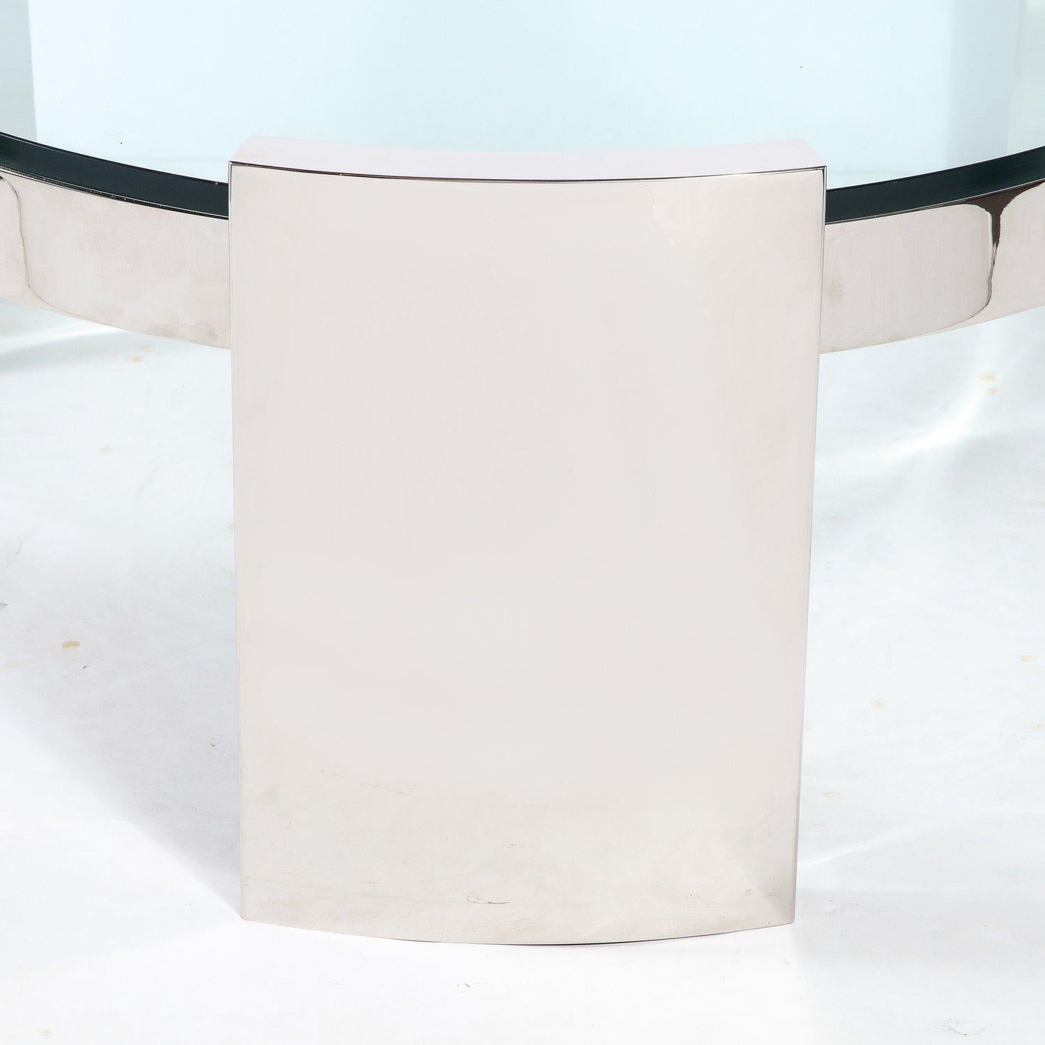 Mid-Century Modern Table de cocktail Radius en verre et acier inoxydable, de style moderne du milieu du siècle dernier, de Ron Seff en vente