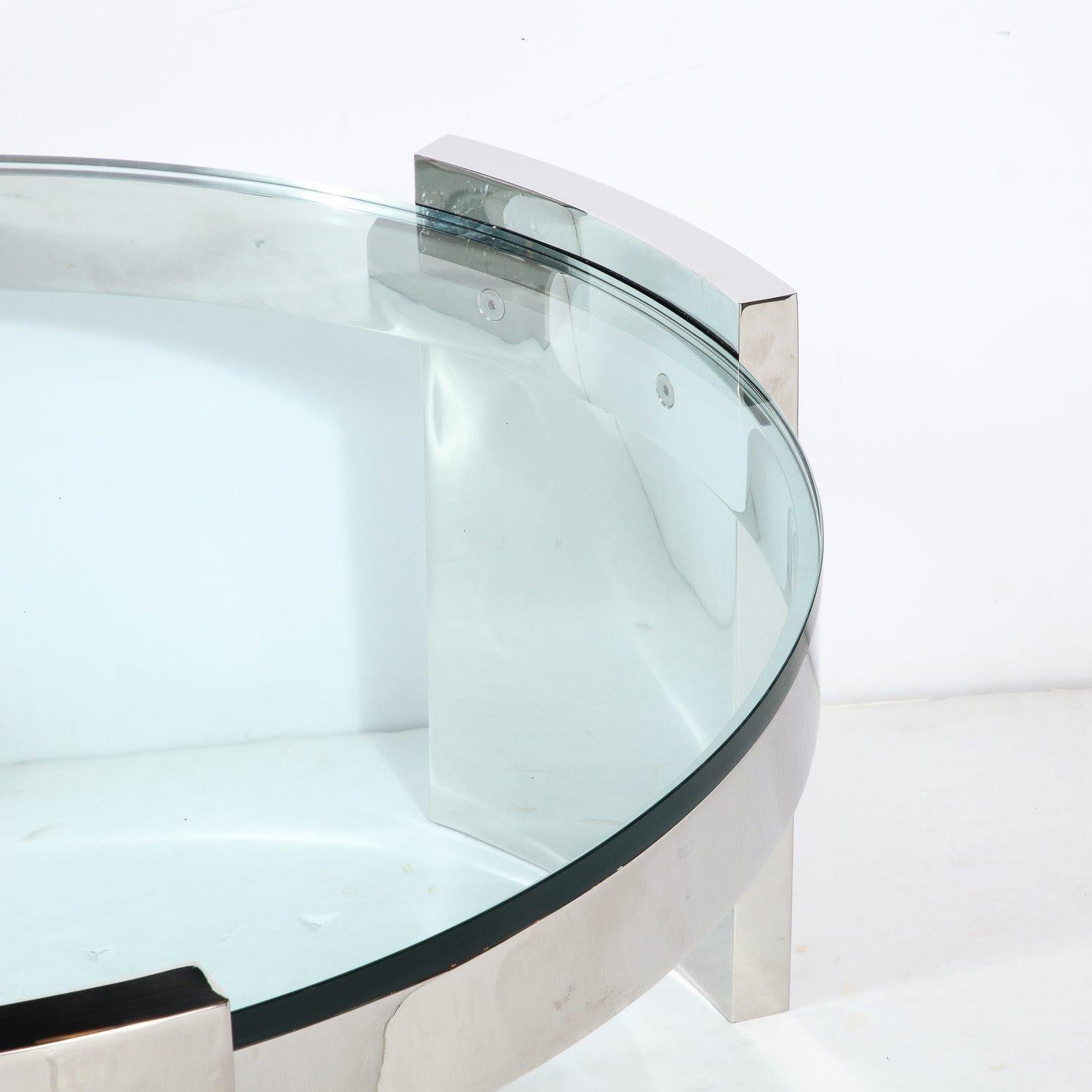 Américain Table de cocktail Radius en verre et acier inoxydable, de style moderne du milieu du siècle dernier, de Ron Seff en vente