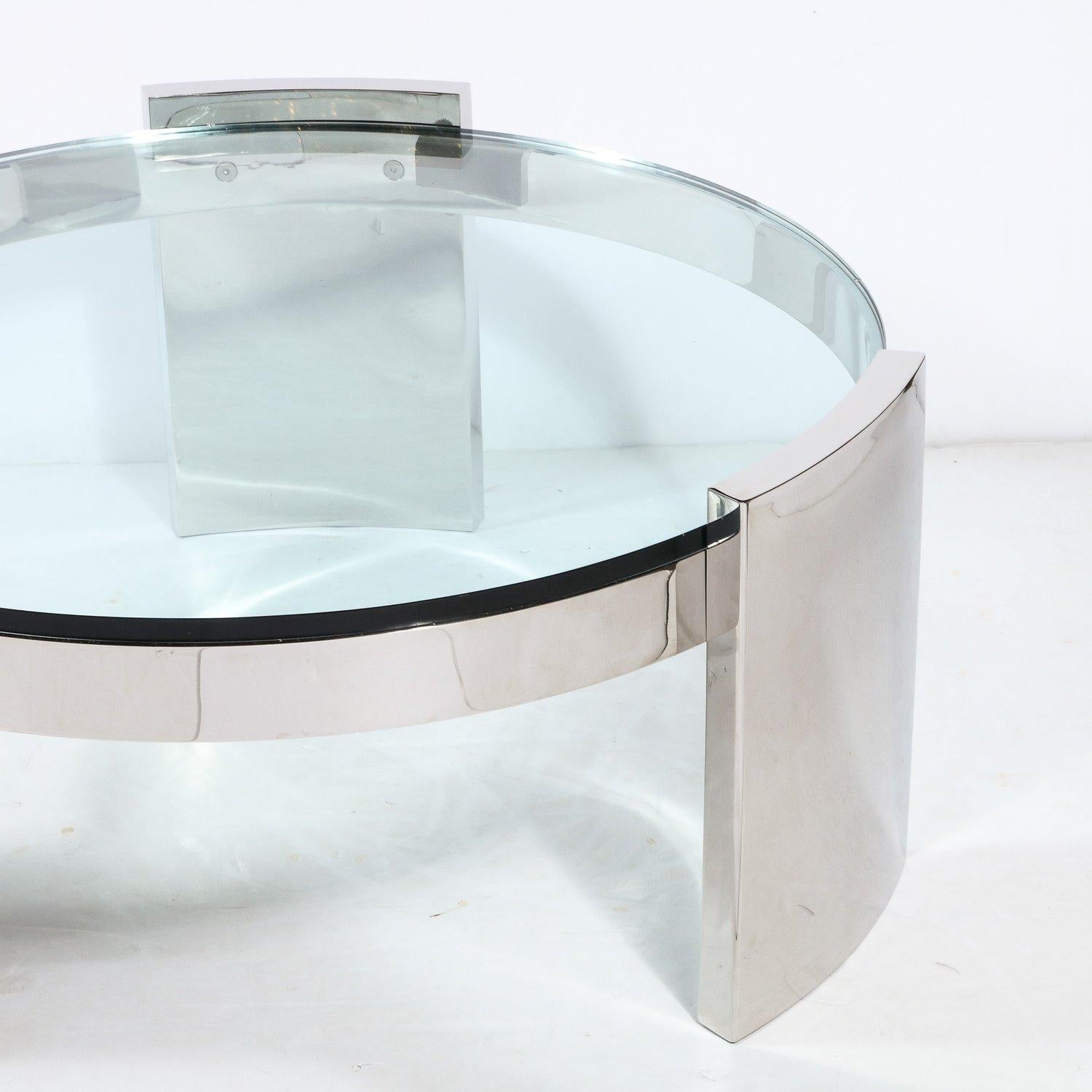 Table de cocktail Radius en verre et acier inoxydable, de style moderne du milieu du siècle dernier, de Ron Seff en vente 1