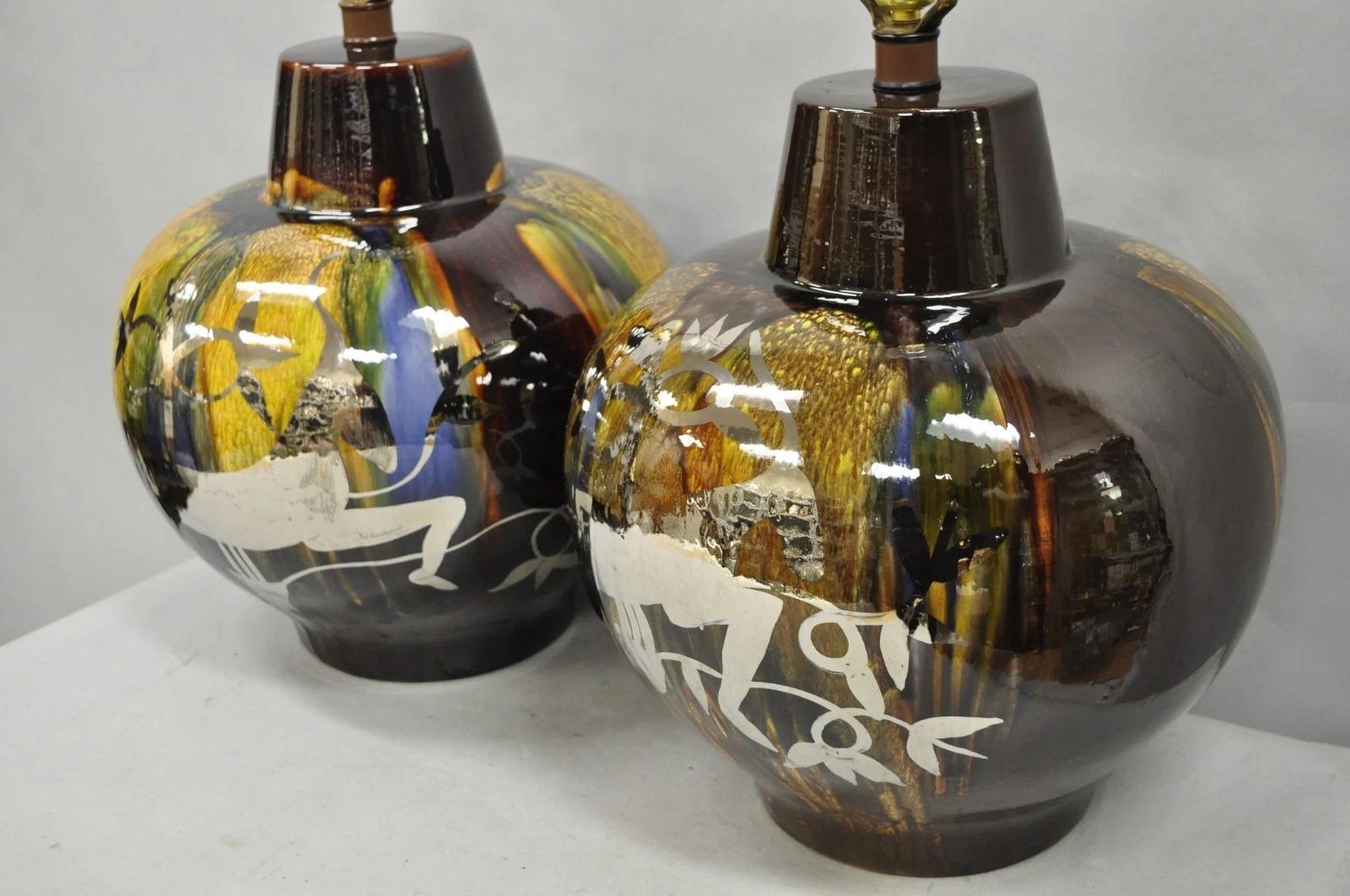 Lampes de table en poterie à glaçure marron et goutte d'eau de style moderne du milieu du siècle par Sunset Cosco Paire en vente 6