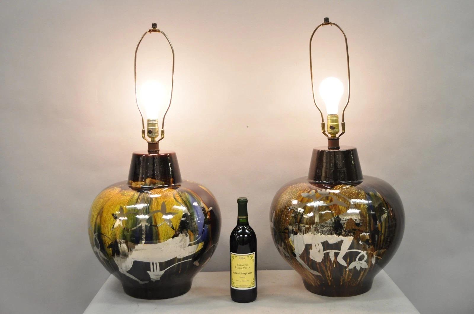 Vintage Mid Century Modern Brown Drip Glazed Large Pottery Table Lamps by Sunset Cosco with Silver 