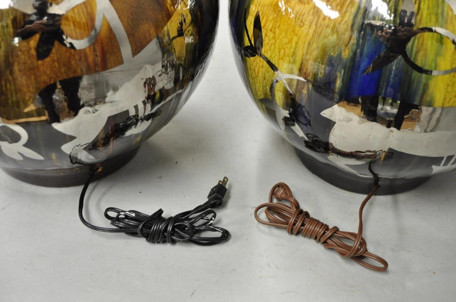 Lampes de table en poterie à glaçure marron et goutte d'eau de style moderne du milieu du siècle par Sunset Cosco Paire en vente 2