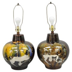Mid Century Modern Ram Brown Drip Glaze Pottery Table Lamps by Sunset Cosco Pair