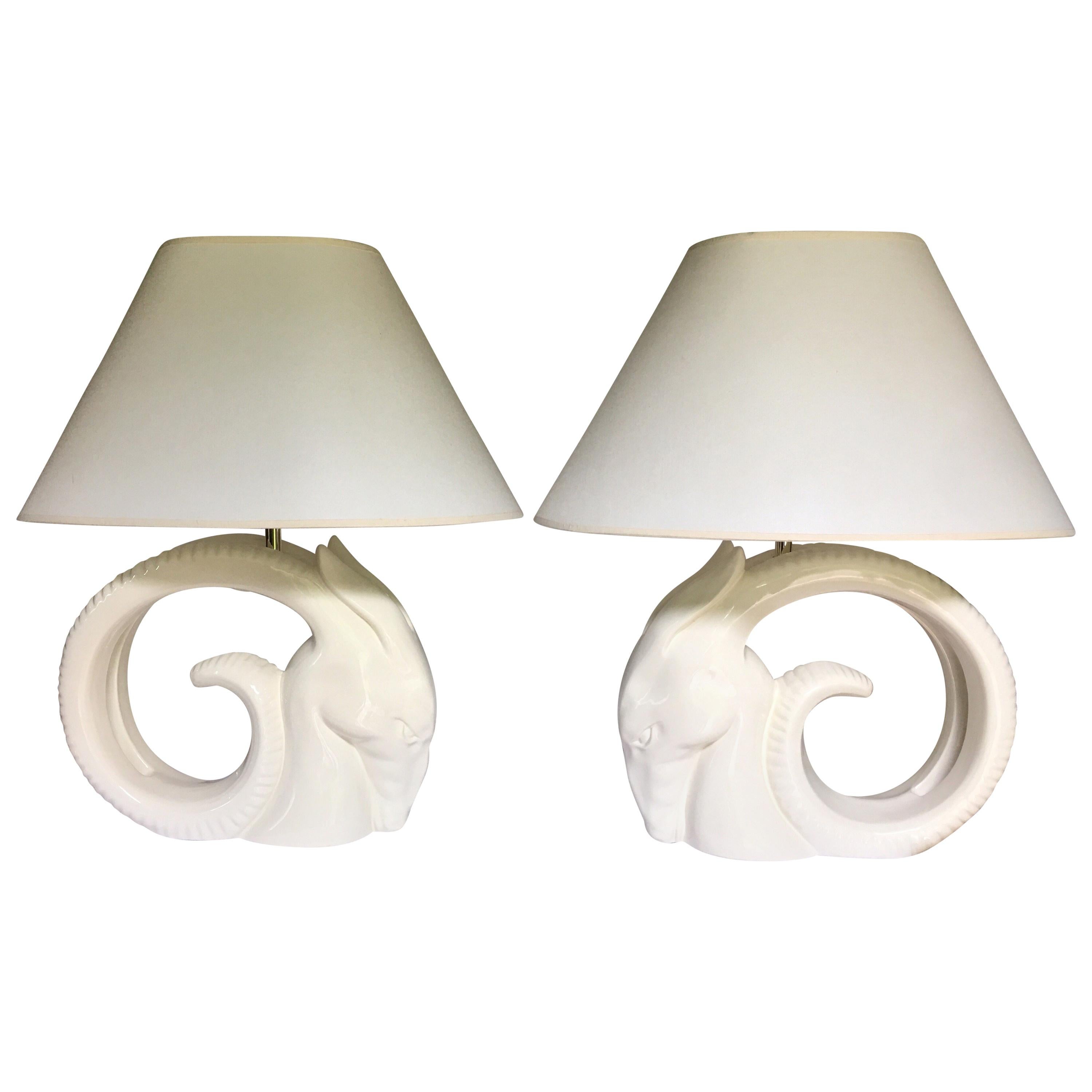 Mid-Century Modern Ram or Gazelle Head Ceramic Table Lamps