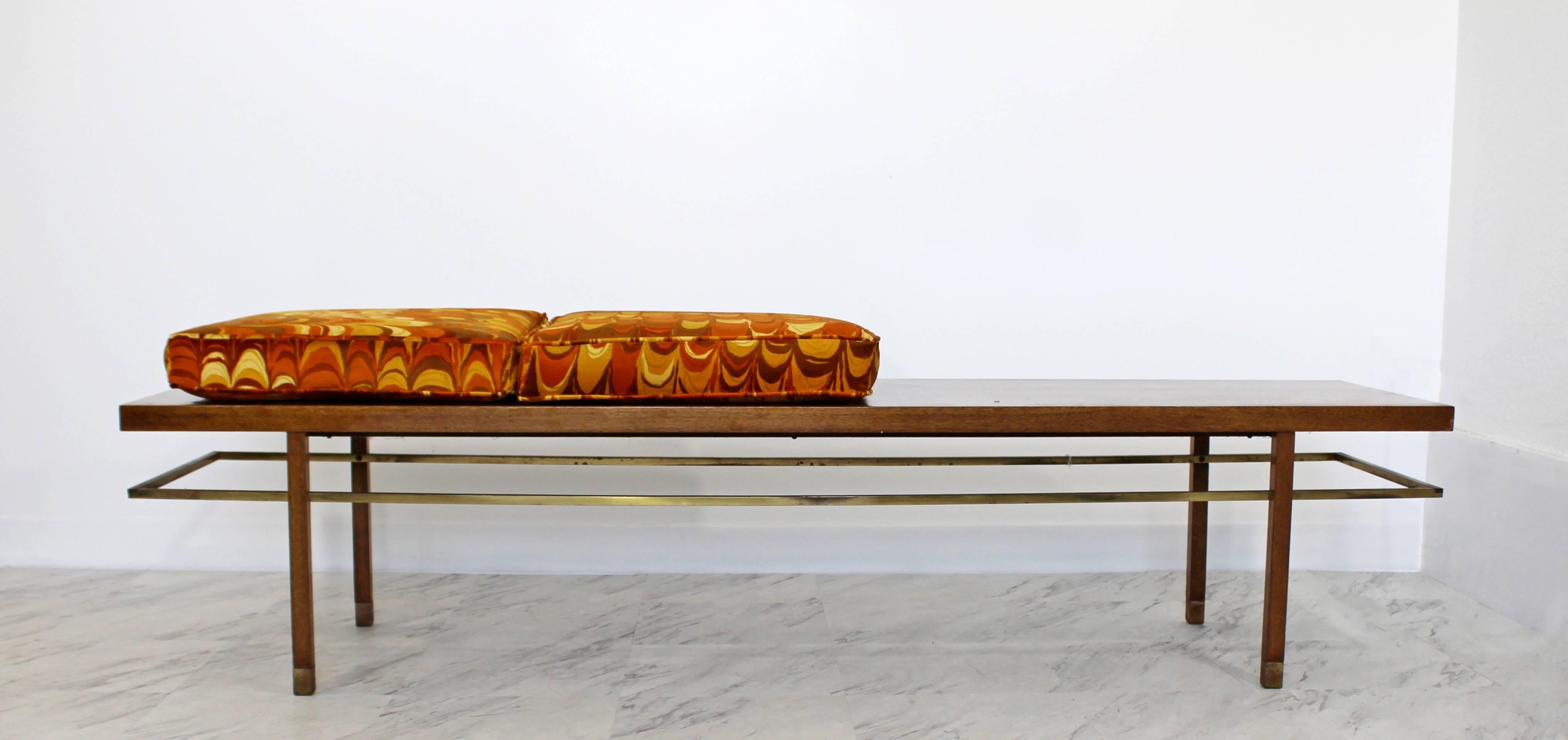 For your consideration is a phenomenal brass frame bench by Harvey Probber, walnut with brass stretchers, circa the 1960s. Cushions were recently redone in Jack Lenor Larsen fabric. The dimensions are 70.5