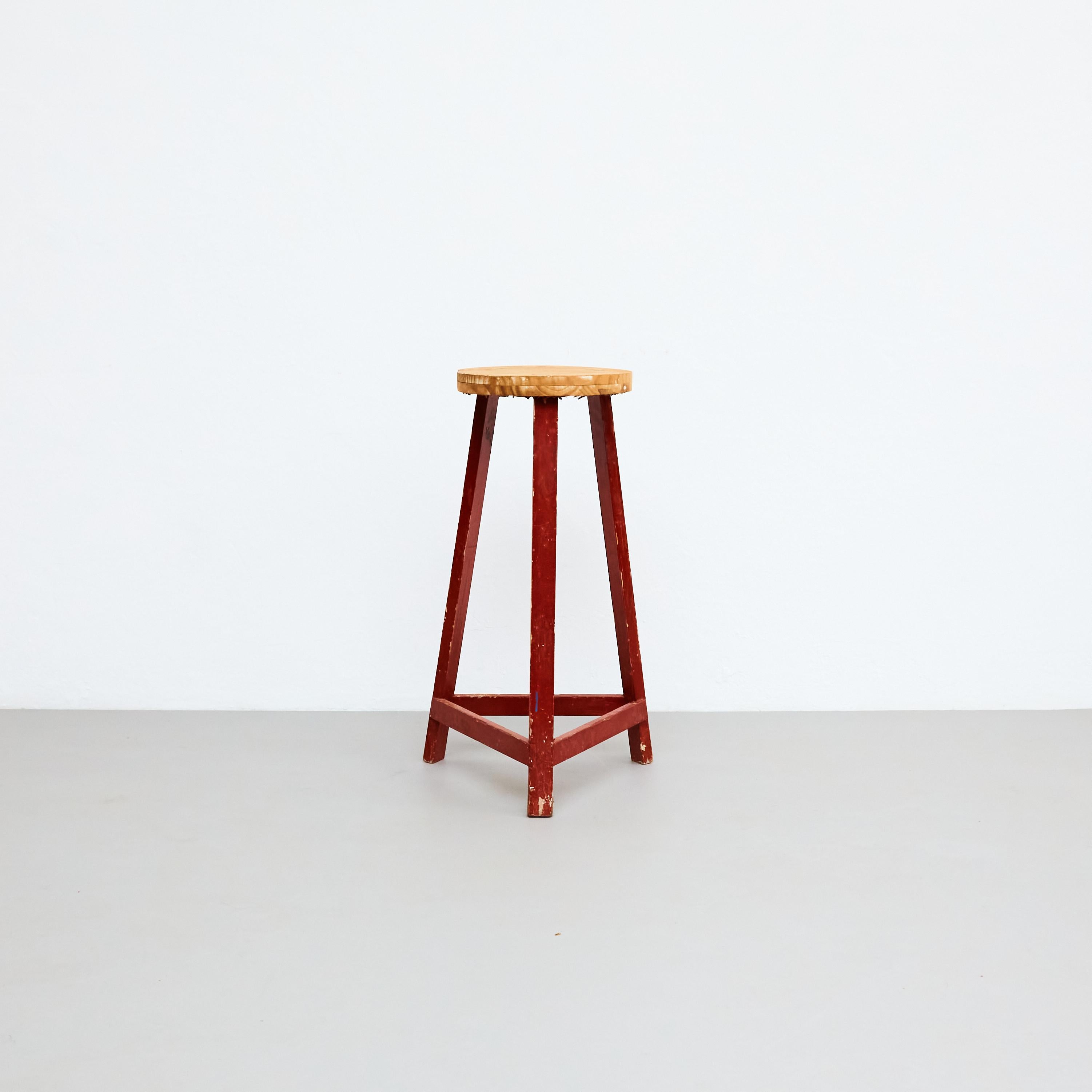 French Mid-Century Modern Rationalist Wood High Stool, circa 1950 For Sale