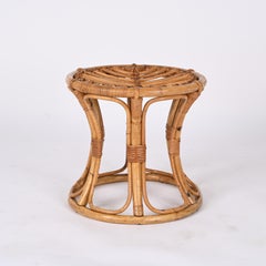 Mid-Century Modern Rattan and Bamboo Italian Round Stool, 1960s