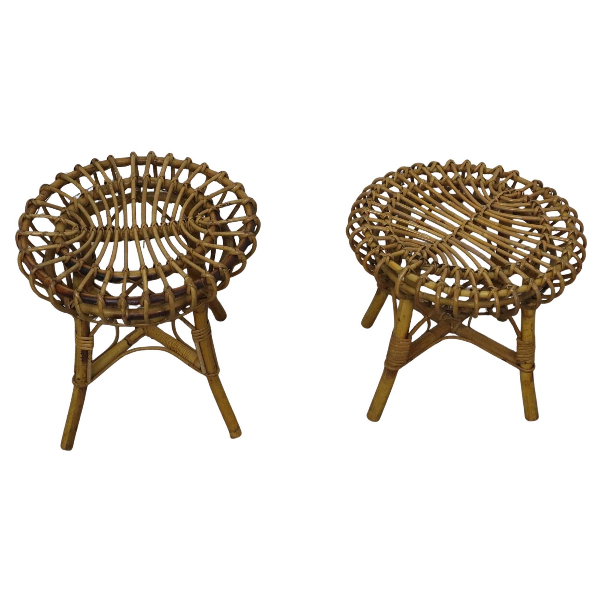Mid-century modern Rattan and Bamboo Ottoman Stool Franco Albini, Italy, 1960s