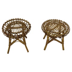 Mid-century modern Rattan and Bamboo Ottoman Stool Franco Albini, Italy, 1960s