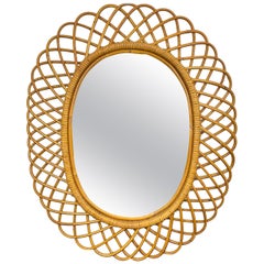 Mid-Century Modern Rattan and Bamboo Oval Mirror, Italy, 1960s