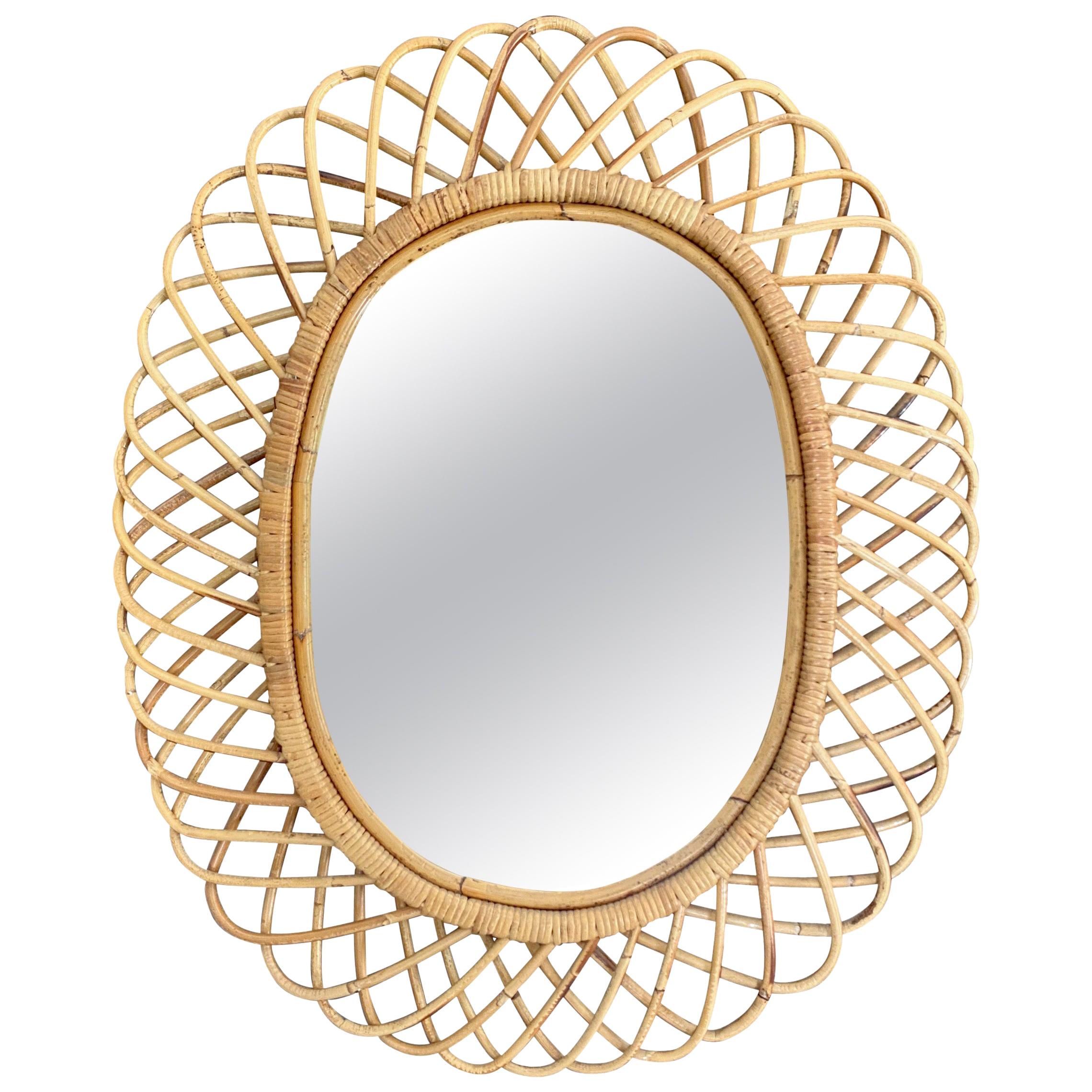 Mid-Century Modern Rattan and Bamboo Oval Mirror, Italy, 1960s