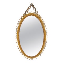 Vintage Mid-Century Modern Rattan and Bamboo Oval Wall Mirror with Chain, Italy, 1960s