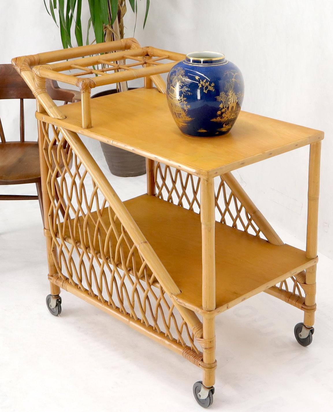 Unknown Mid century modern rattan and bamboo serving bar cart w/ bottles holder. For Sale