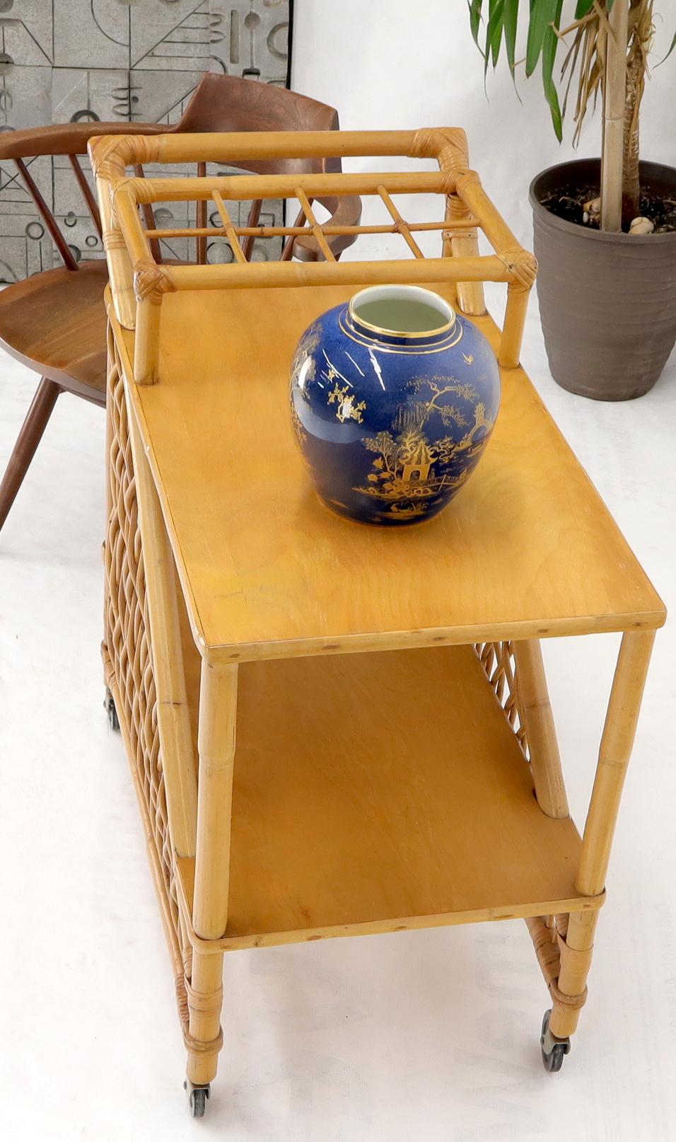 20th Century Mid century modern rattan and bamboo serving bar cart w/ bottles holder. For Sale