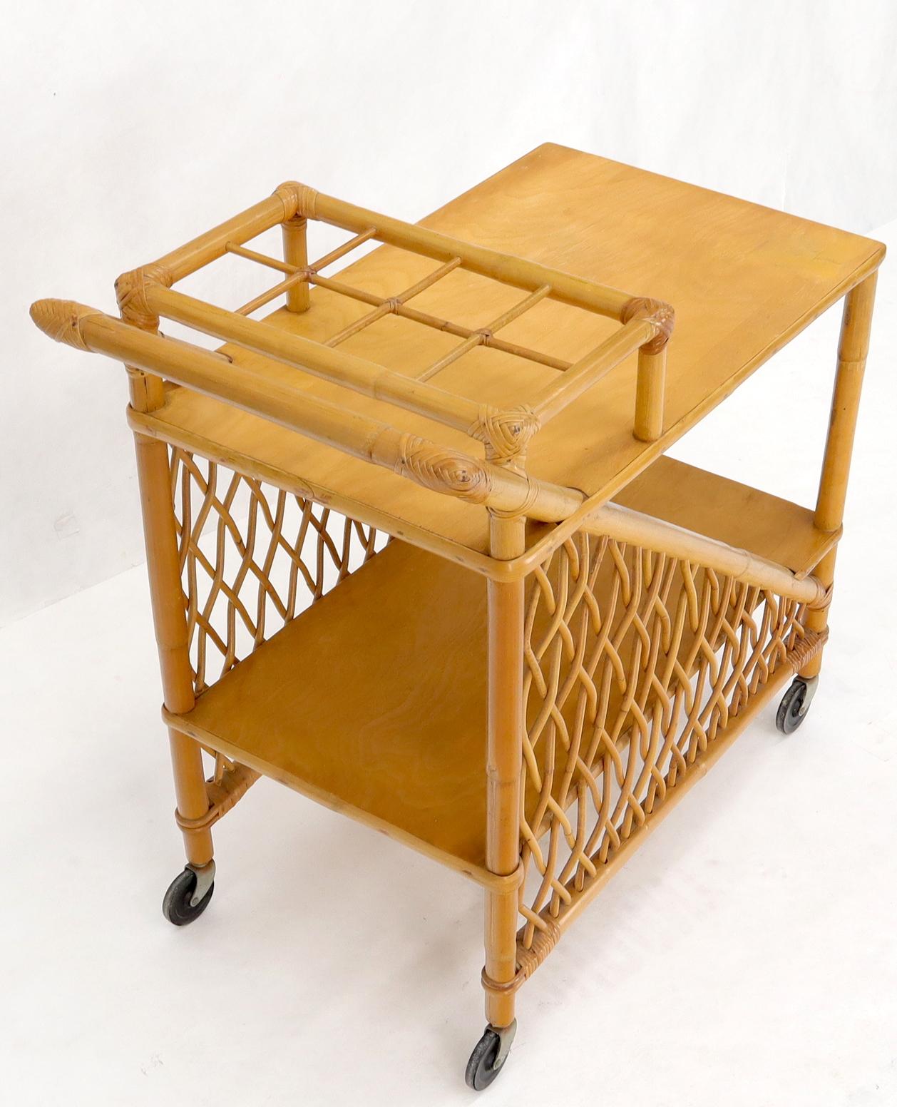 Bamboo Mid century modern rattan and bamboo serving bar cart w/ bottles holder. For Sale